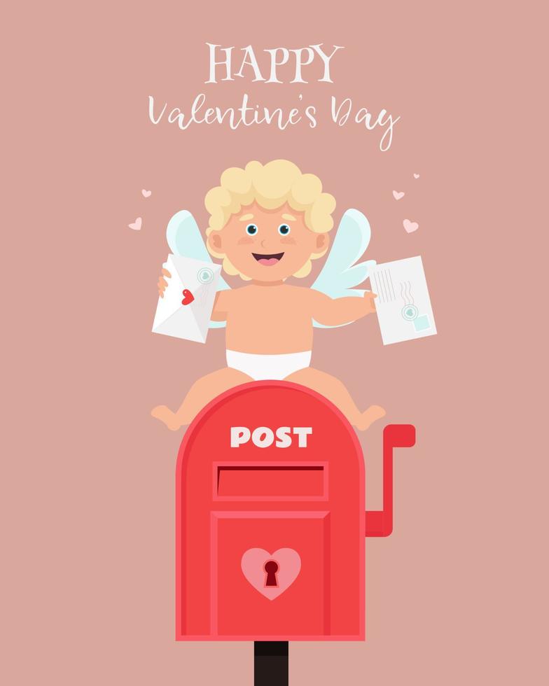 Cute cupid holding love envelope, sitting on post box. Amur boy character in cartoon flat style. Vector illustration