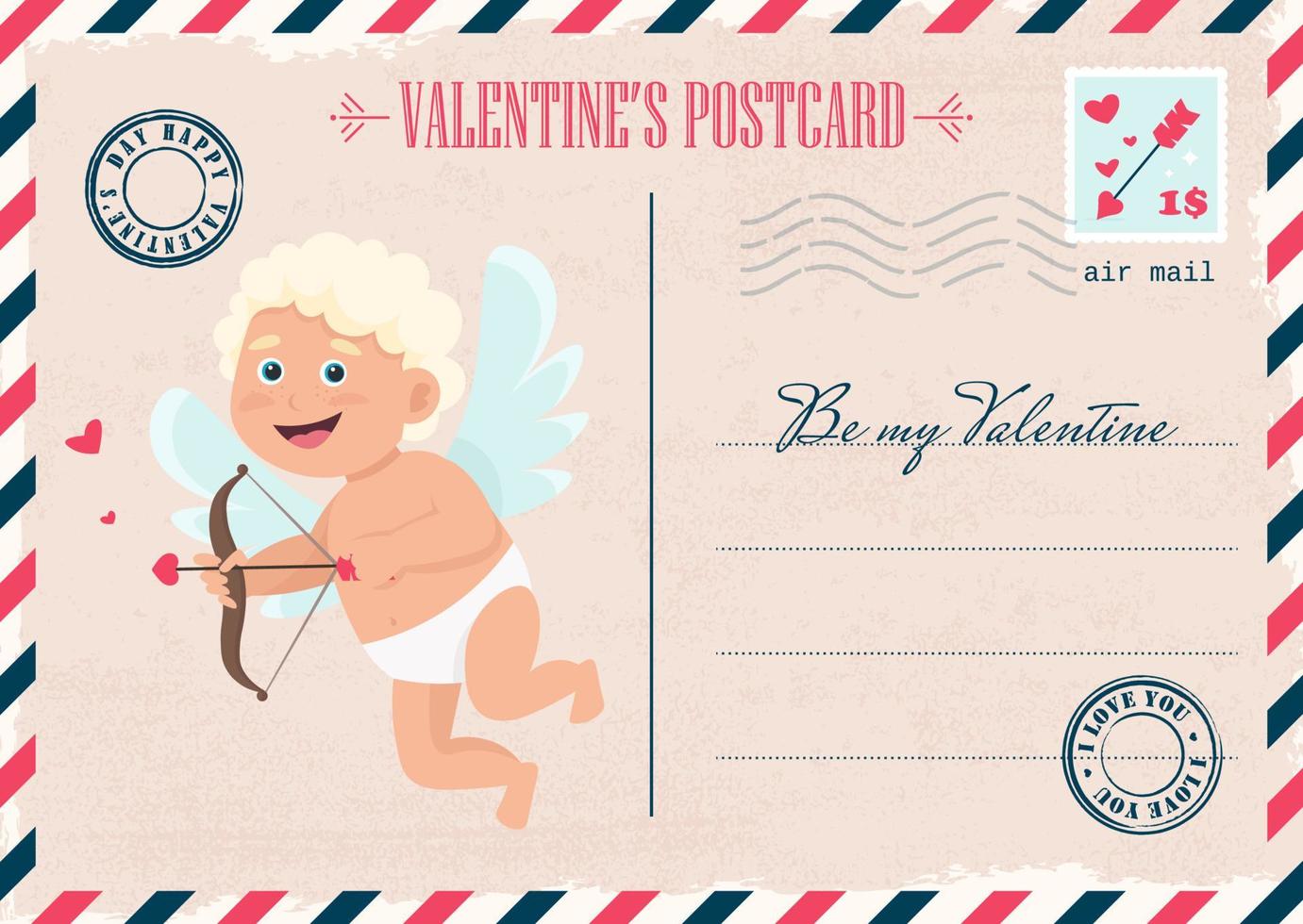Vintage Valentines Invitation postcard, mail, letter with cute cupid. Be my Valentine. Vector illustration