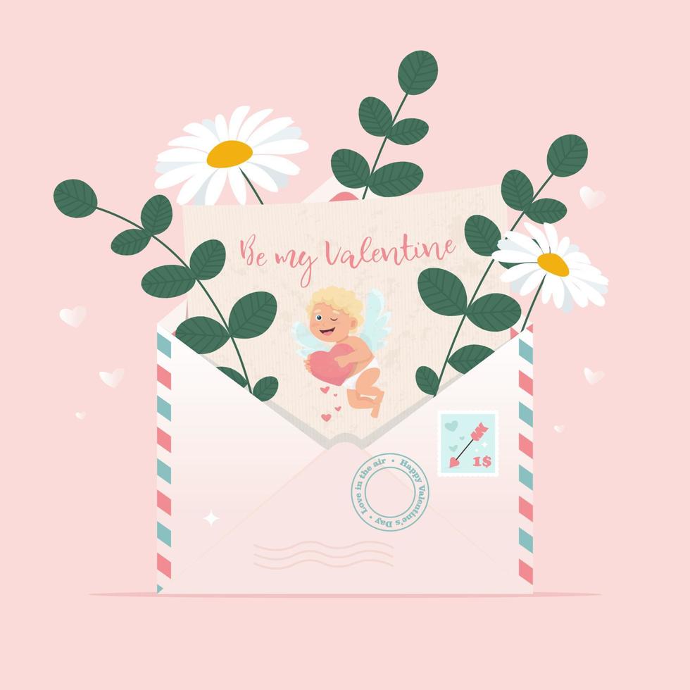 sobre con carta de amor con imagen de cupido. amor en el concepto de aire. linda ilustración vectorial, plantilla para tarjeta de felicitación de San Valentín vector