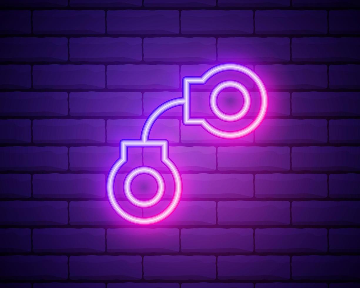 Glowing neon line handcuff icon isolated against a brick wall background. vector illustration for online games