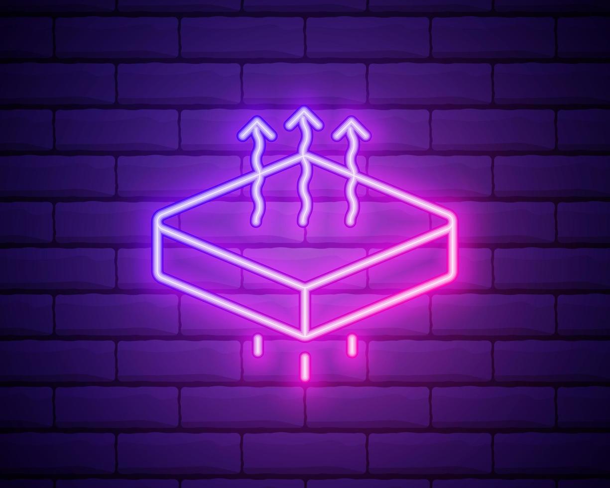 Orthopedic bed mattress neon light icon. Memory foam, latex, innerspring mattress. Bedding. Vector isolated illustration