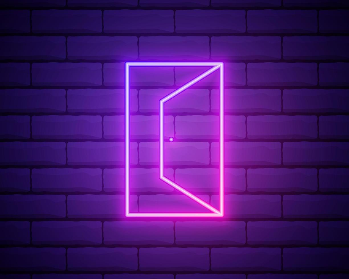 Open door icon neon. Exit. Door frame icon. Entrance symbol. Door way pictogram. Vector EPS 10. Isolated on brick wall background.