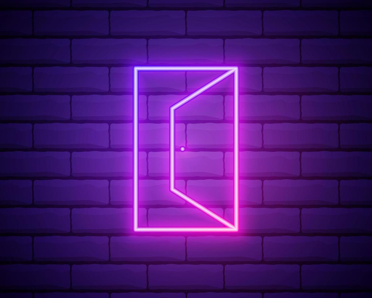 Open door icon neon. Exit. Door frame icon. Entrance symbol. Door way pictogram. Vector EPS 10. Isolated on brick wall background.