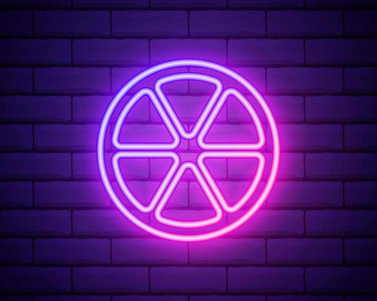 Orange slice, half lemon, fresh fruit, icon of food. Pink neon style on brick wall background. Light linear icon with editable stroke vector