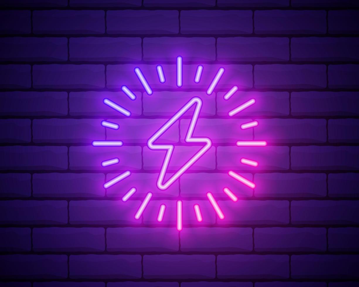 Neon icon of Purple and Violet Electric Energy. Vector illustration of Purple and Violet Neon Electrical Sign consisting of neon outlines, with backlight on the dark brick wall background.