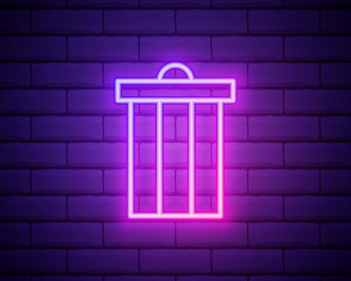 Glowing neon Trash can icon isolated on brick wall background. Garbage bin sign. Recycle basket icon. Office trash icon. Vector Illustration.