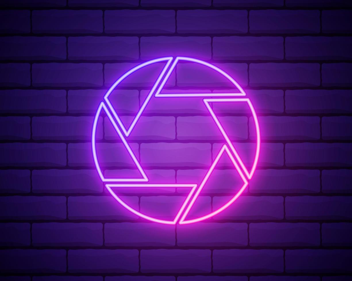 Aperture sign neon icon. Photo and video concept. Vector illustration of a sign for design, website, decoration, online store isolated on brick wall