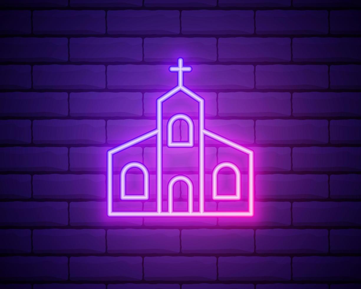 icono de edificio de iglesia de línea de neón brillante aislado en el fondo de la pared de ladrillo. Iglesia cristiana. religión de la iglesia. ilustración vectorial vector