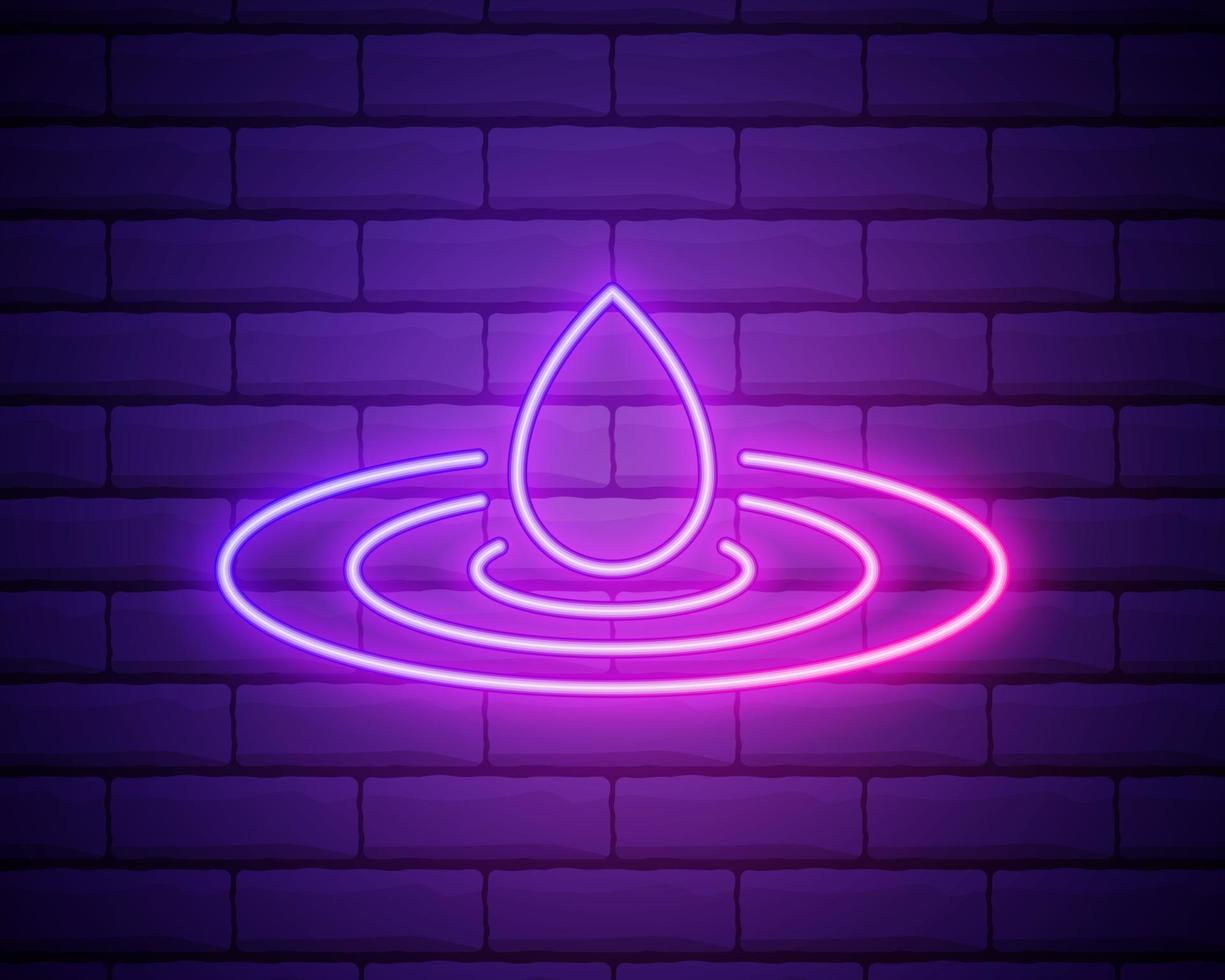 Glowing neon Recycle clean aqua icon isolated on brick wall background. Water recycling energy symbol. Drop of water with recycling. Water refresh arrows. Vector Illustration