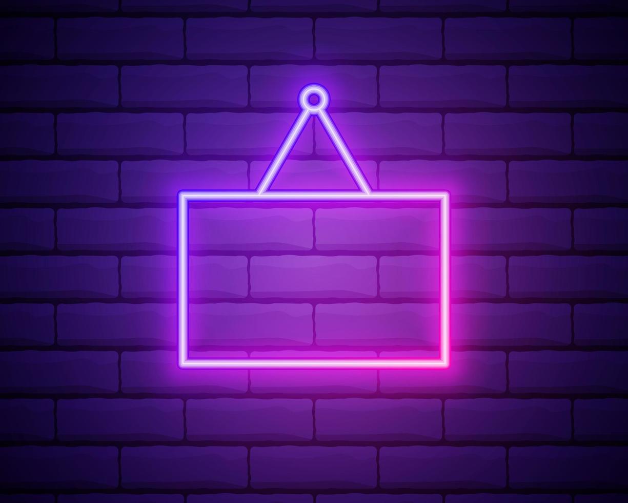 Glowing neon Signboard hanging icon isolated on brick wall background. Suitable for advertisements bar, cafe, pub, restaurant. Vector Illustration