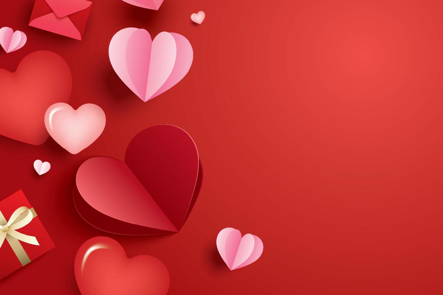 Happy valentines day with paper hearts and copy space on red background. vector