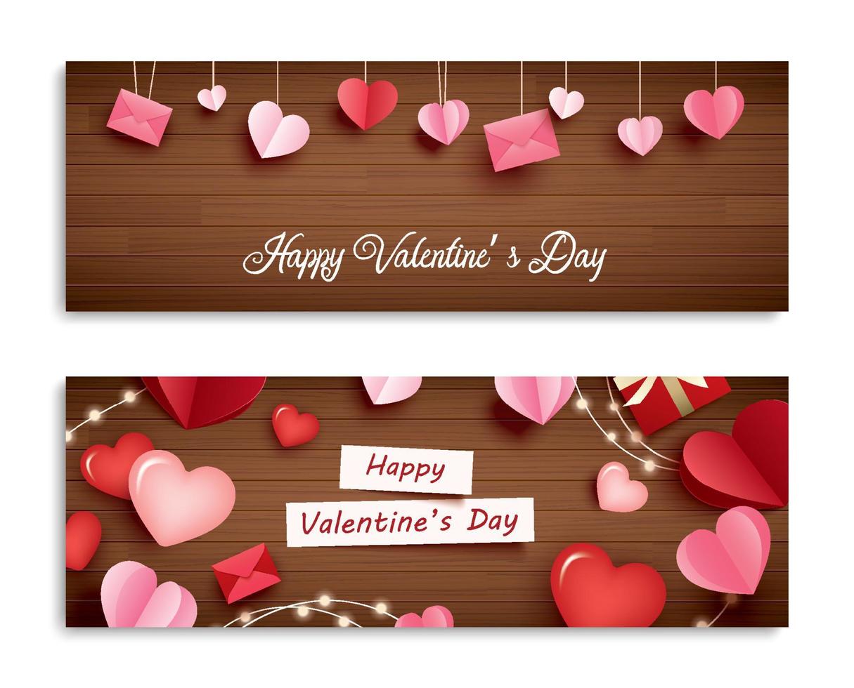 Valentine's day banner with heart on wooden background and typography of happy valentine's day text. vector