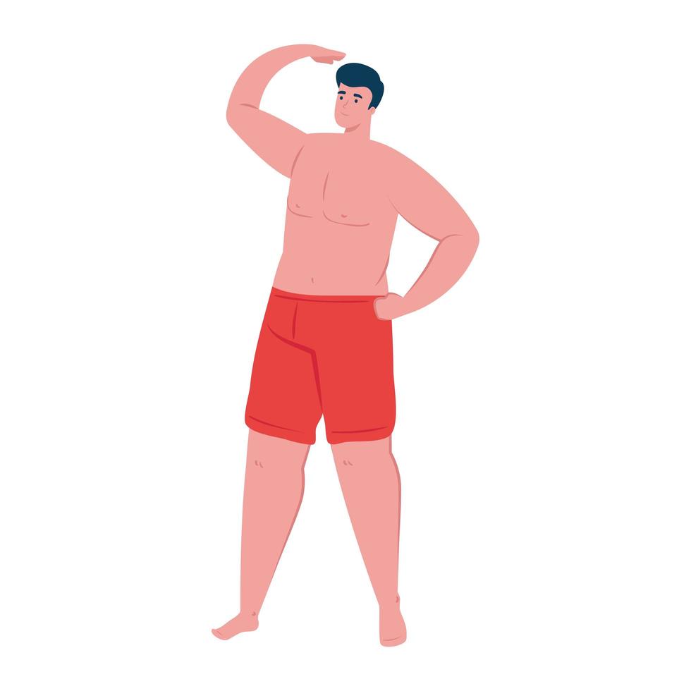 man in shorts red color, happy guy in swimsuit on white background vector