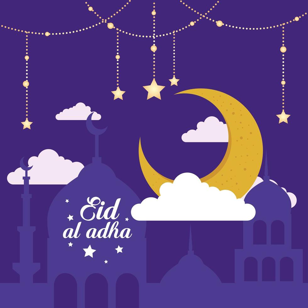 eid al adha mubarak, happy sacrifice feast, with moon and mosque vector