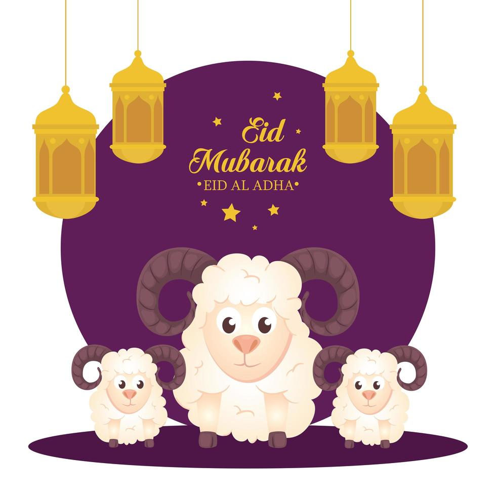 eid al adha mubarak, fiesta de sacrificio feliz, con cabras y linternas colgando vector
