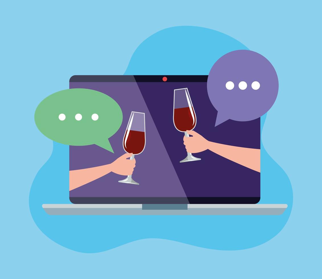 manos con copas de vino en la computadora portátil, concepto de fiesta en línea sobre fondo azul vector