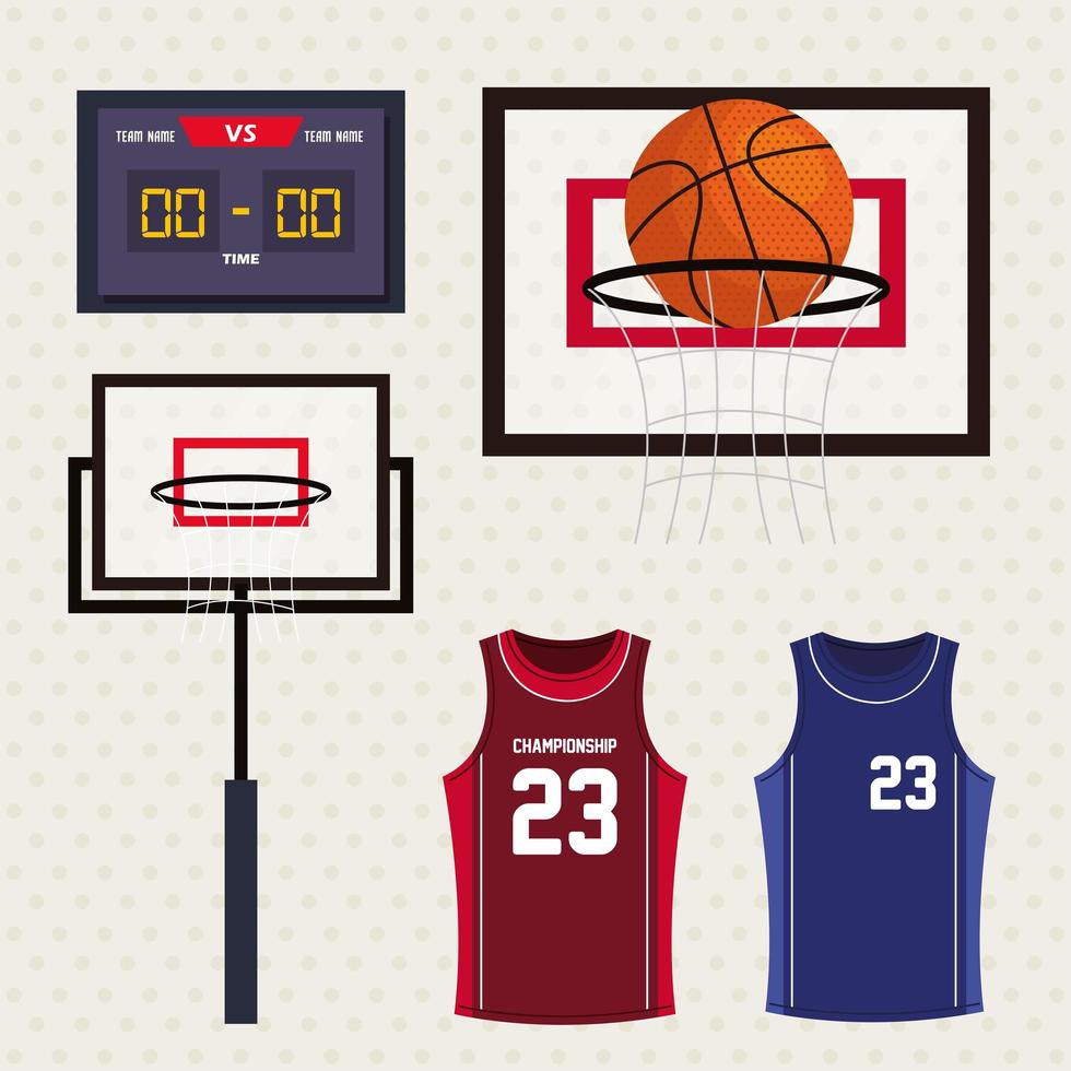 set of basketball icons, scoreboard, basketball hoop, tank tops vector