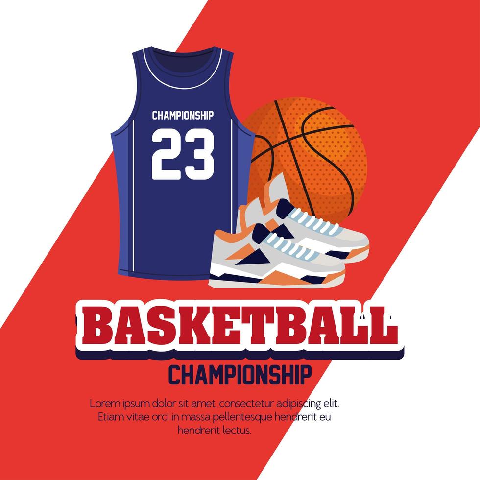 basketball championship, emblem, design with basketball ball, sneaker and tank top vector