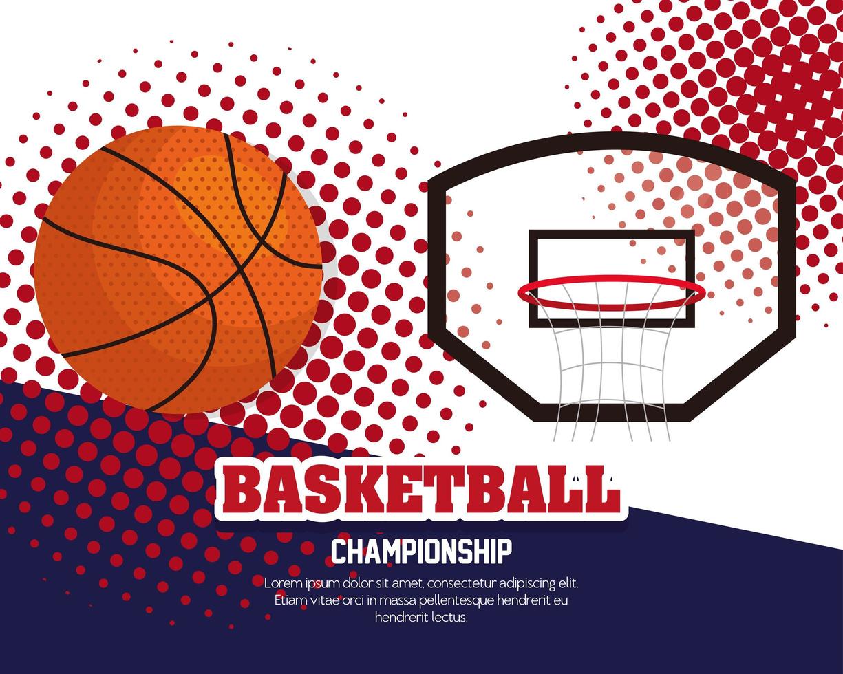 campeonato de baloncesto, emblema, diseño con pelota de baloncesto y aro de baloncesto vector