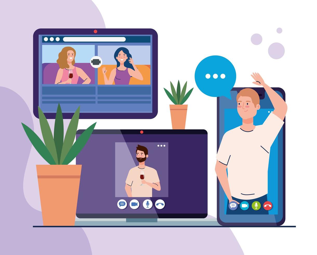 online party, meeting friends, people have online party together in quarantine, party web camera online holiday vector