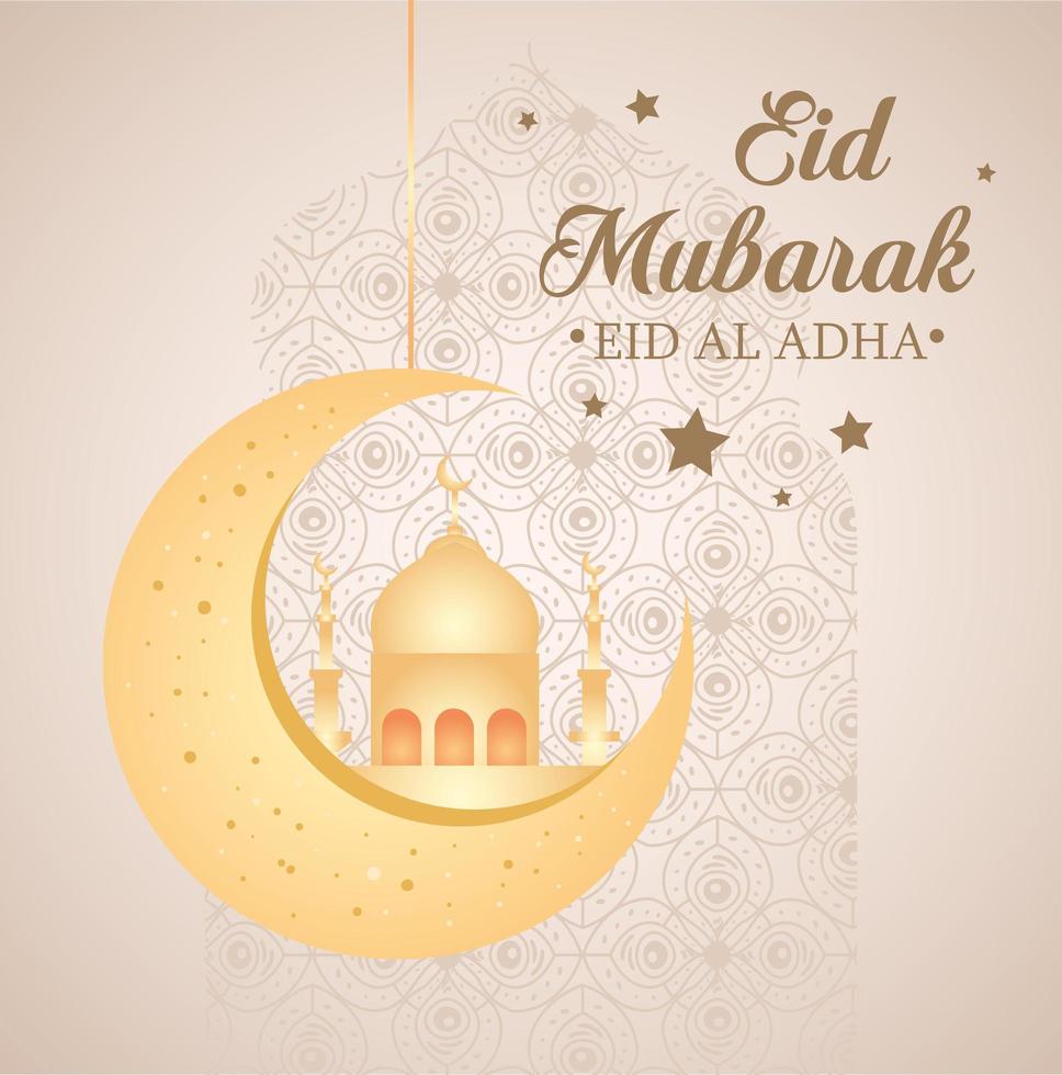 eid al adha mubarak, happy sacrifice feast, with moon and mosque vector