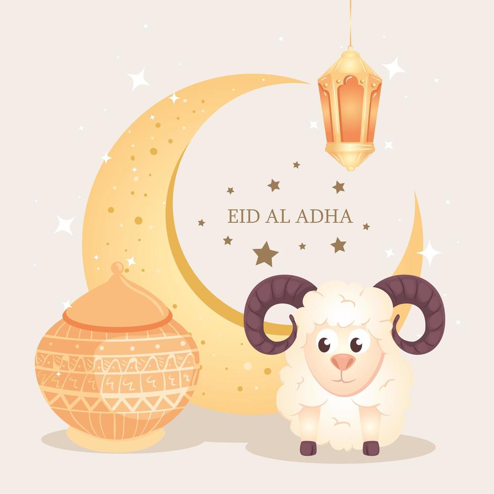 eid al adha mubarak, happy sacrifice feast, with goat and traditional icons vector