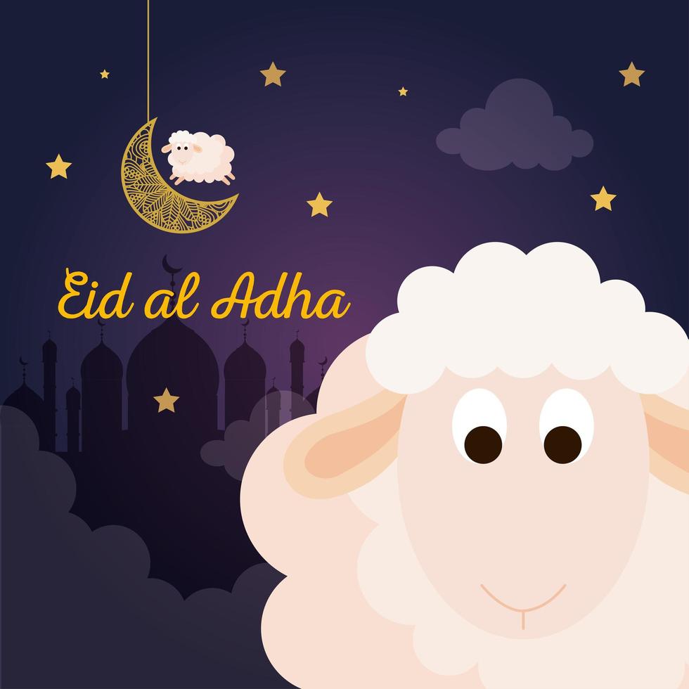 eid al adha mubarak, happy sacrifice feast, sheep with moon and stars vector