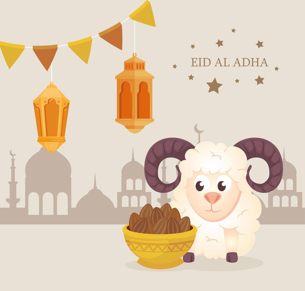eid al adha mubarak, happy sacrifice feast, goat with traditional icons and garlands hanging vector