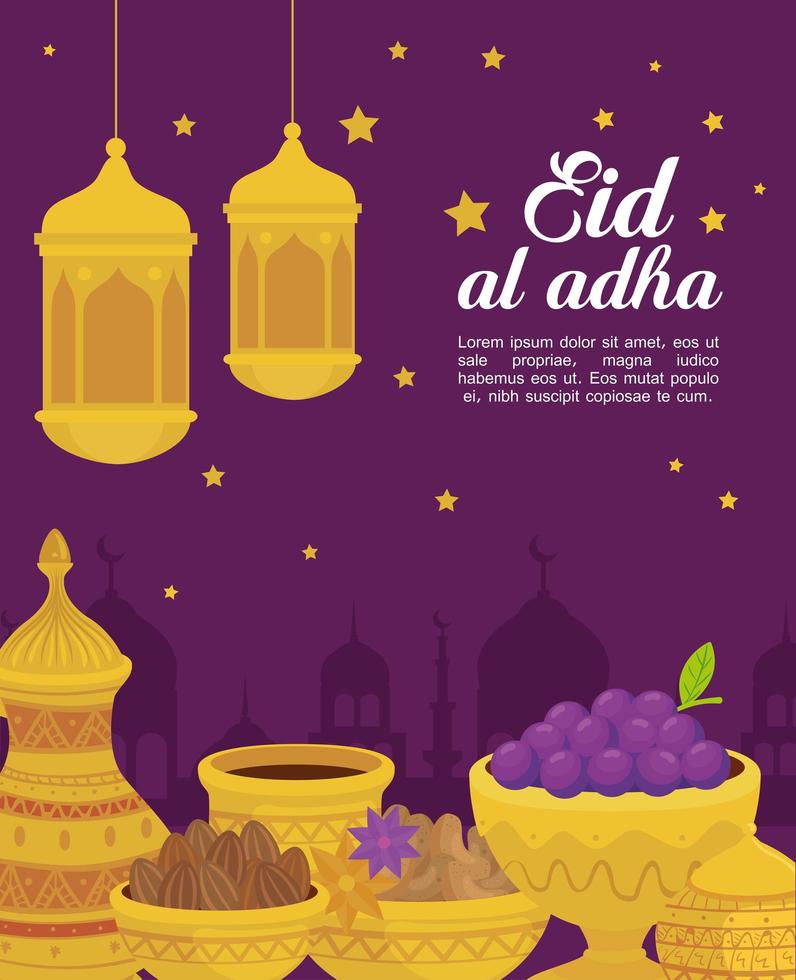 eid al adha mubarak, happy sacrifice feast, with ceramic pots traditions vector