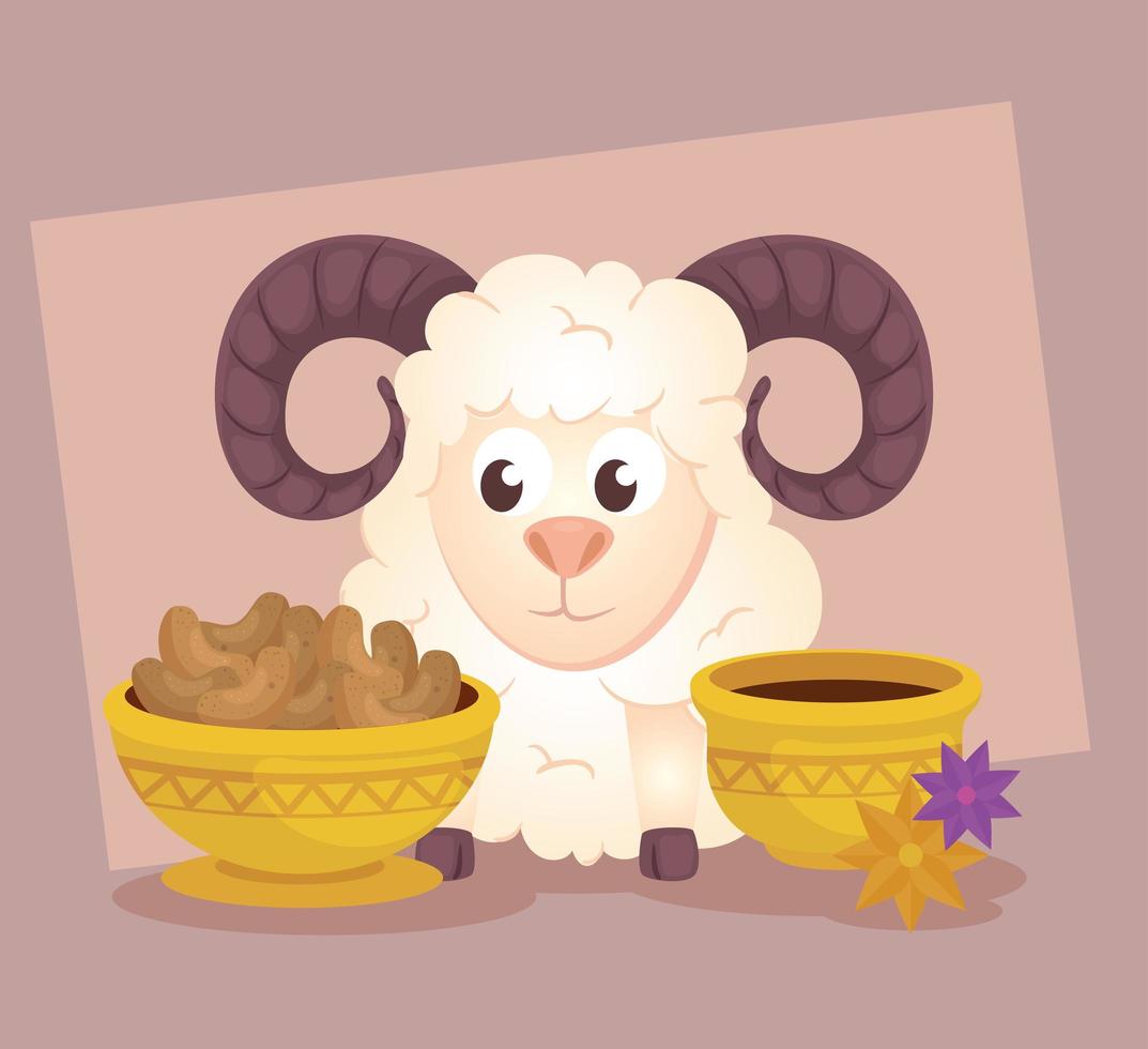 eid al adha mubarak, happy sacrifice feast, with goat ,and ceramic pots vector