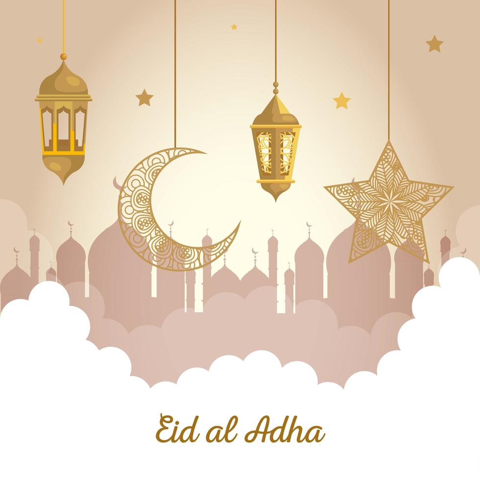 eid al adha mubarak, happy sacrifice feast, lanterns with moon and star hanging vector