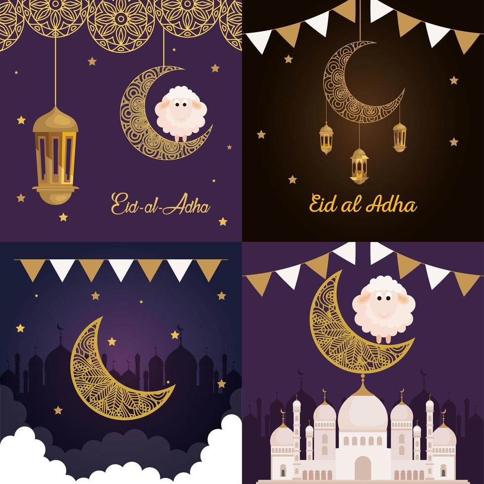 cards, eid al adha mubarak, happy sacrifice feast, with decoration vector