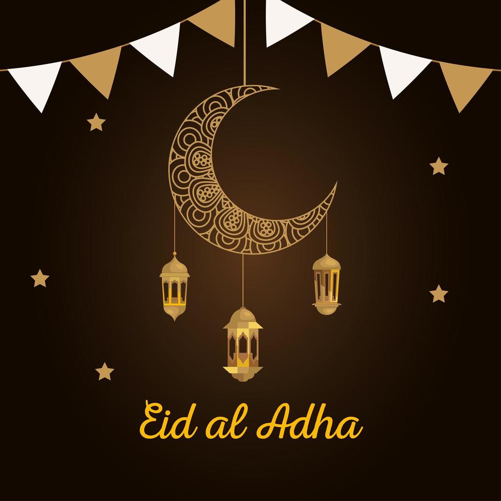 eid al adha mubarak, fiesta de sacrificio feliz, luna con linternas y guirnaldas colgando vector