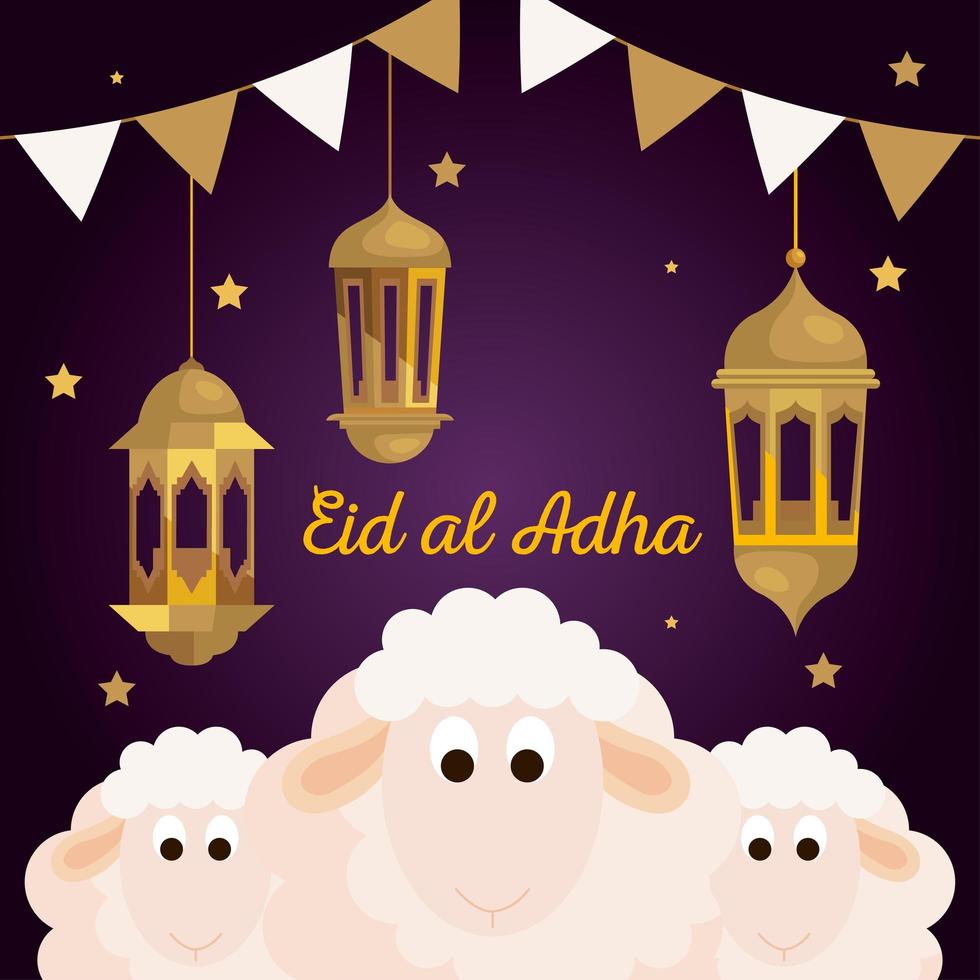 eid al adha mubarak, fiesta de sacrificio feliz, ovejas con linternas colgando y decoración vector