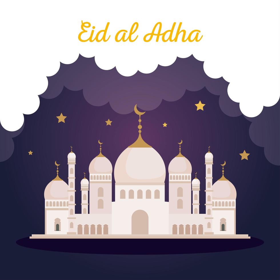 eid al adha mubarak, happy sacrifice feast, mosque with stars decoration vector