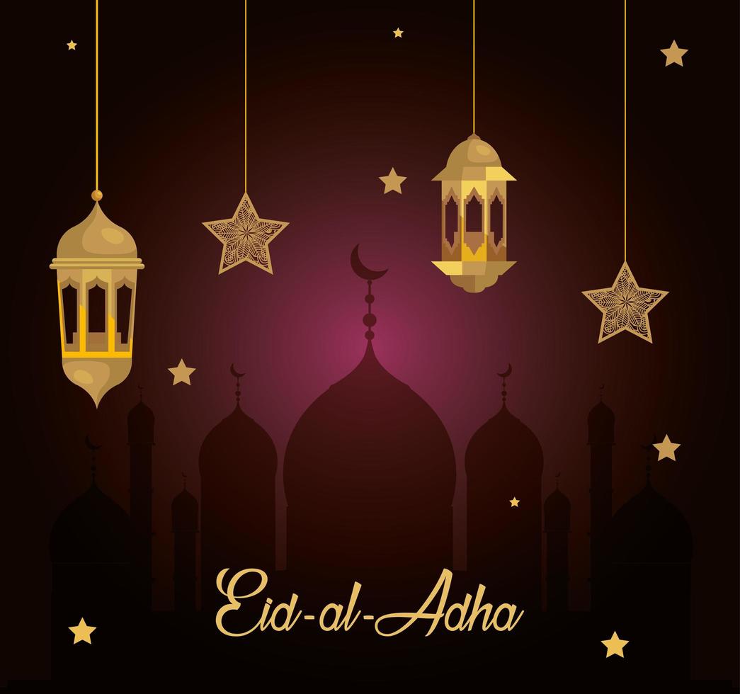 eid al adha mubarak, happy sacrifice feast, with lanterns and stars hanging vector