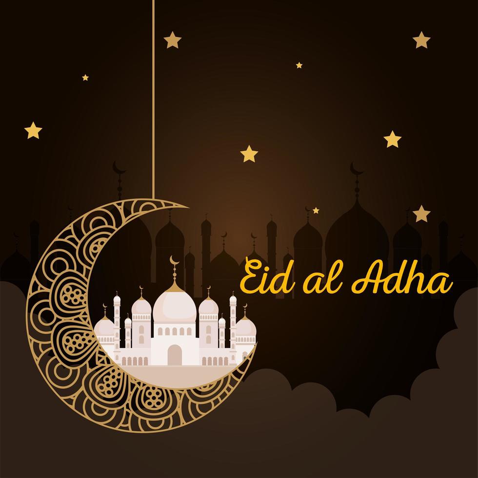 eid al adha mubarak, happy sacrifice feast, moon and mosque hanging vector
