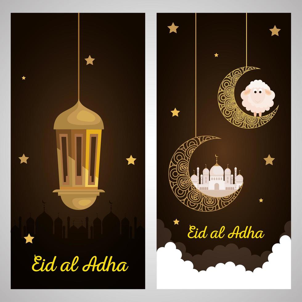 cards, eid al adha mubarak, happy sacrifice feast, with decoration vector