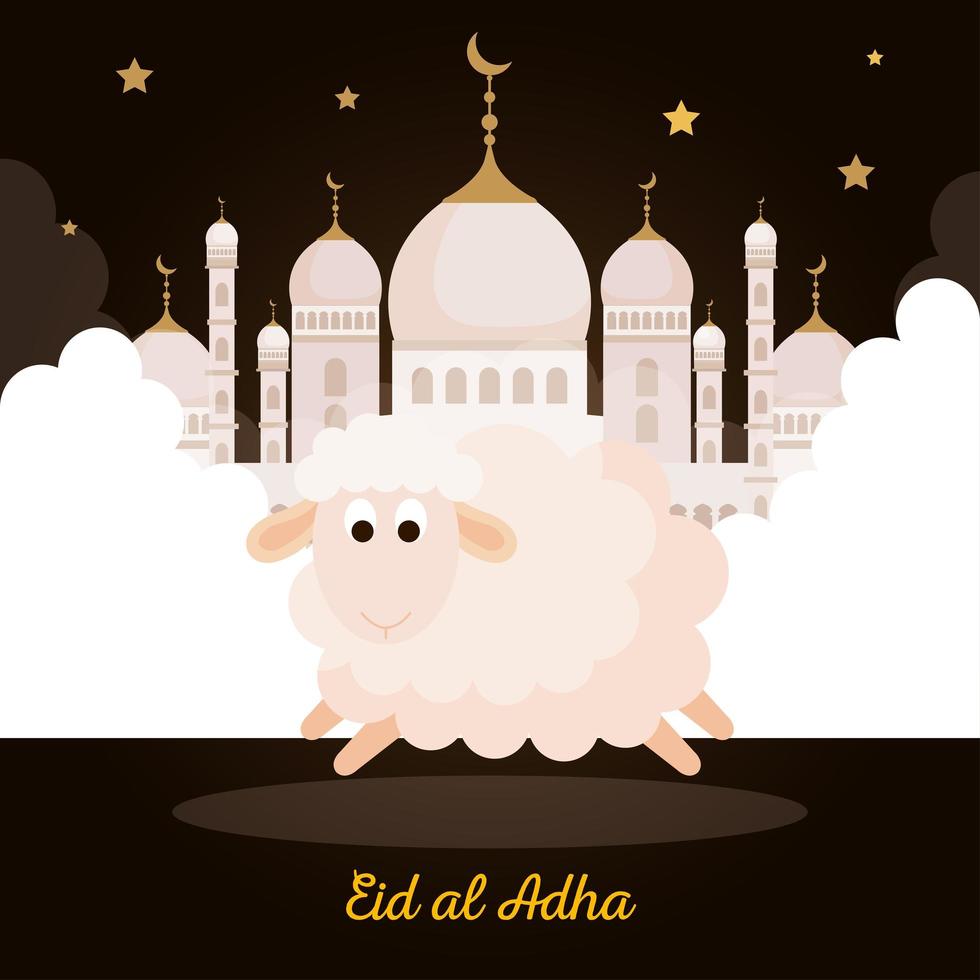 eid al adha mubarak, happy sacrifice feast, with sheep and mosque vector