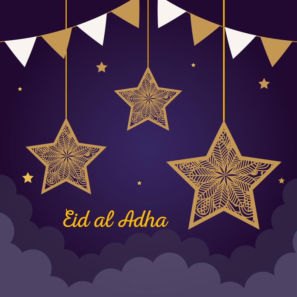 eid al adha mubarak, happy sacrifice feast, with stars and garlands hanging vector