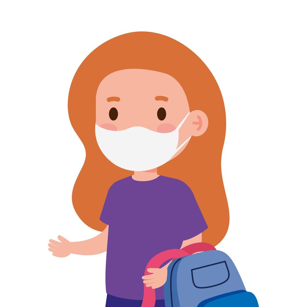 cute girl student wearing medical mask to prevent coronavirus covid 19 with school bag vector