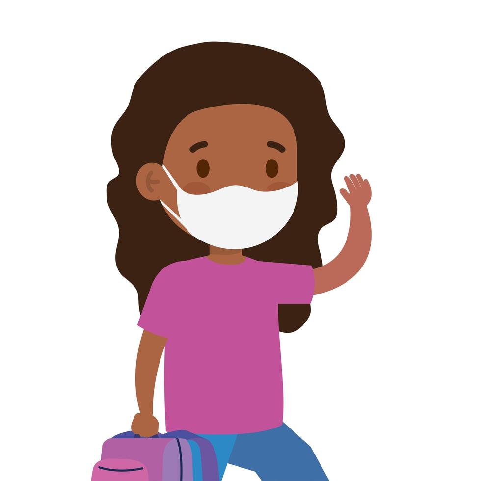 cute girl afro student wearing medical mask to prevent coronavirus covid 19 with school bag vector