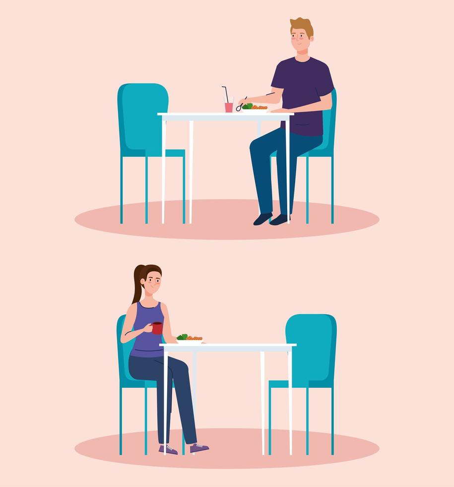 social distance in new concept restaurant , couple on tables, protection, prevention of coronavirus covid 19 vector