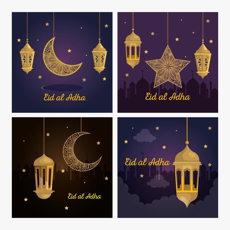 cards, eid al adha mubarak, happy sacrifice feast, with decoration vector