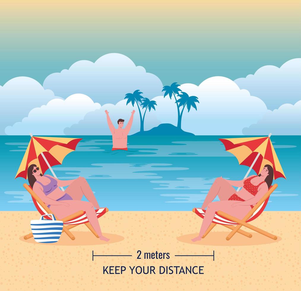 social distancing on the beach, young people keep distance two meters, new normal summer beach concept after coronavirus or covid 19 vector