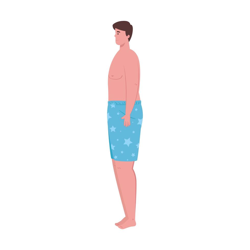 hombre en pantalones cortos de color azul, chico feliz en traje de baño sobre fondo blanco vector