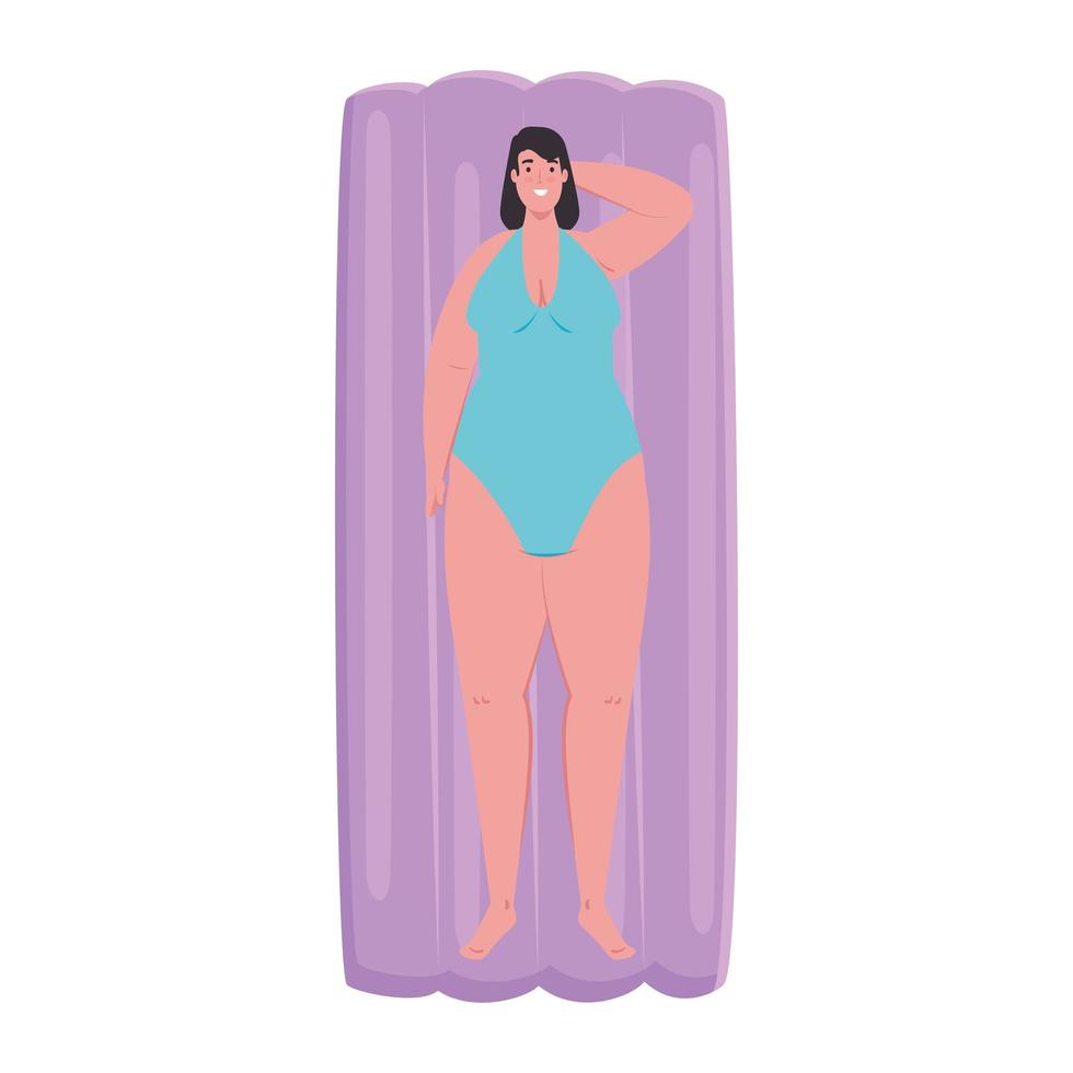 cute plump woman in lying down on inflatable float with swimsuit blue color vector