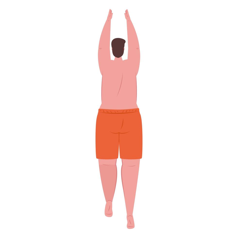 hombre de espalda en pantalones cortos de color naranja, chico feliz en traje de baño sobre fondo blanco vector