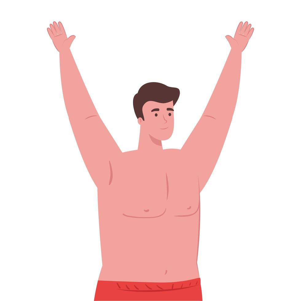 man in shorts red color, happy guy in swimsuit with hands up on white background vector