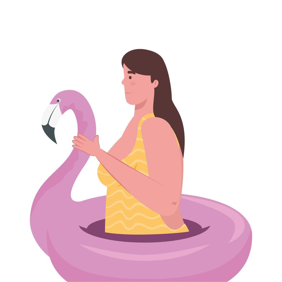 cute plump woman with swimsuit in pink flamingo, tropical bird shape inflatable swimming ring vector